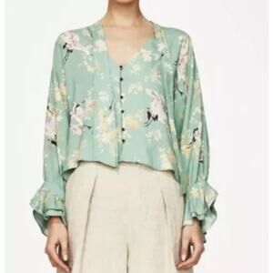 Zara Sea Green Floral Heron Print Blouse Womens Small Bell Sleeves Asian Top